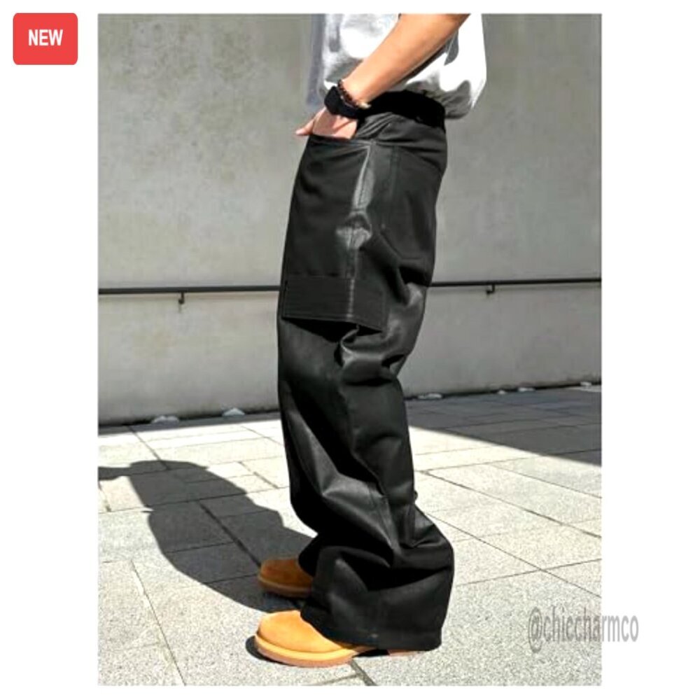 Men's Faux Leather Cargo Pants Wide Leg Baggy Streetwear Trousers - Picture 3 of 5
